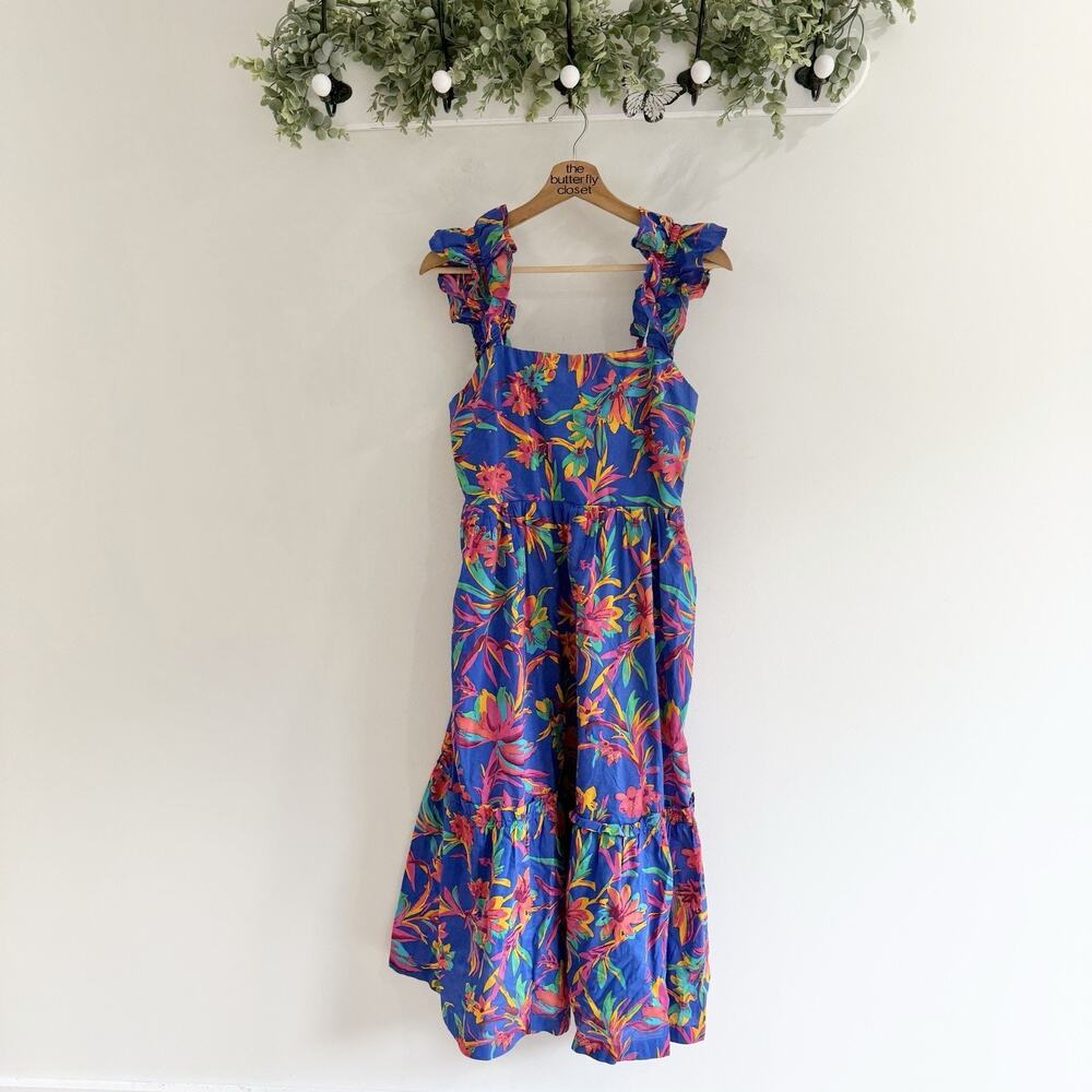 J. Crew Blue Multicolor Floral Tiered Midi Dress Size 6 Ruffle Strap ii5746